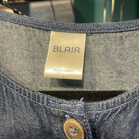 BLAIR L dark blue denim chambray shirt dress button front modest midi casual - Picture 2 of 6